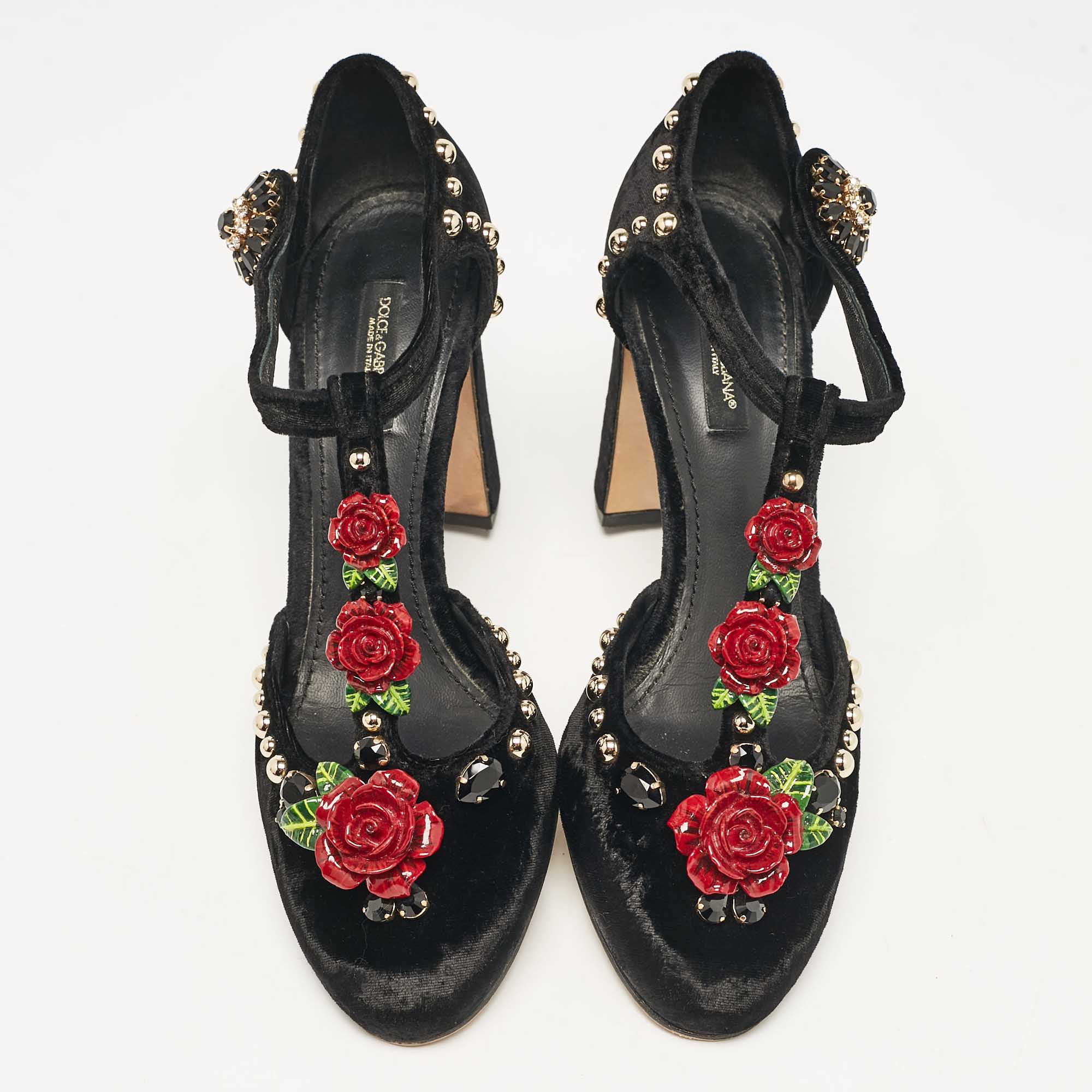 Dolce & Gabbana Black Velvet Studded And Rose Embellished Ankle-Strap Pumps Size 38