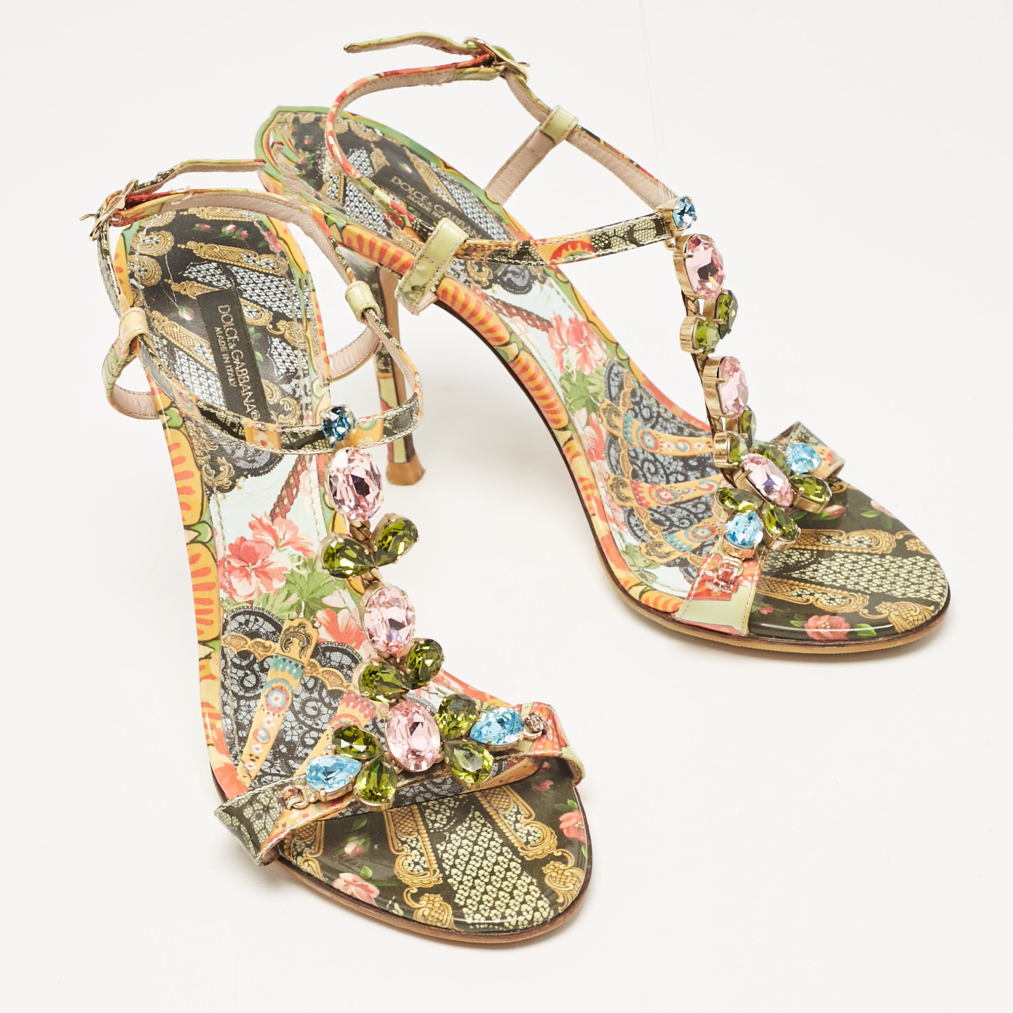 Dolce & Gabbana Multicolor Patent Leather Crystal Embellished Ankle Strap Sandals Size 37.5