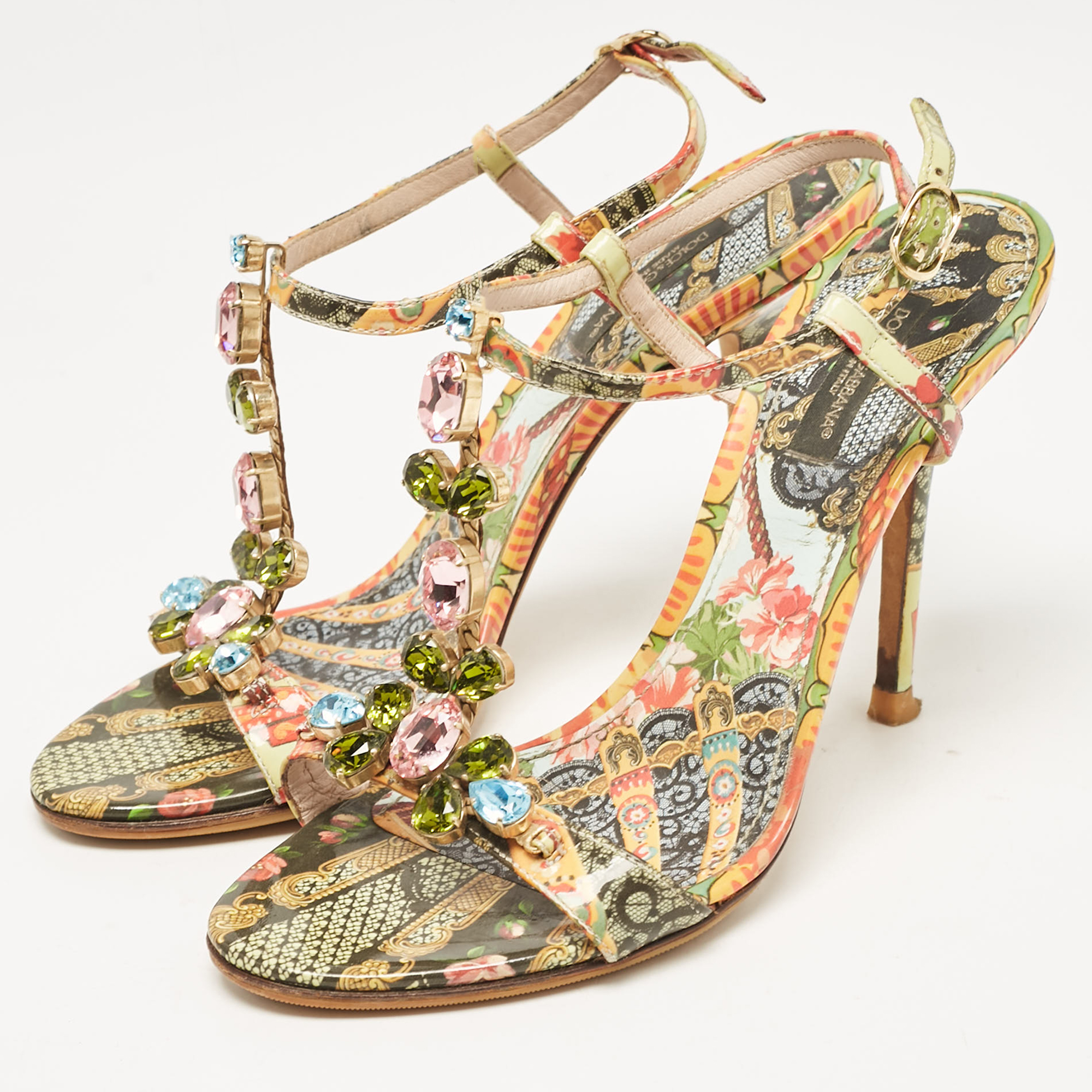 Dolce & Gabbana Multicolor Patent Leather Crystal Embellished Ankle Strap Sandals Size 37.5