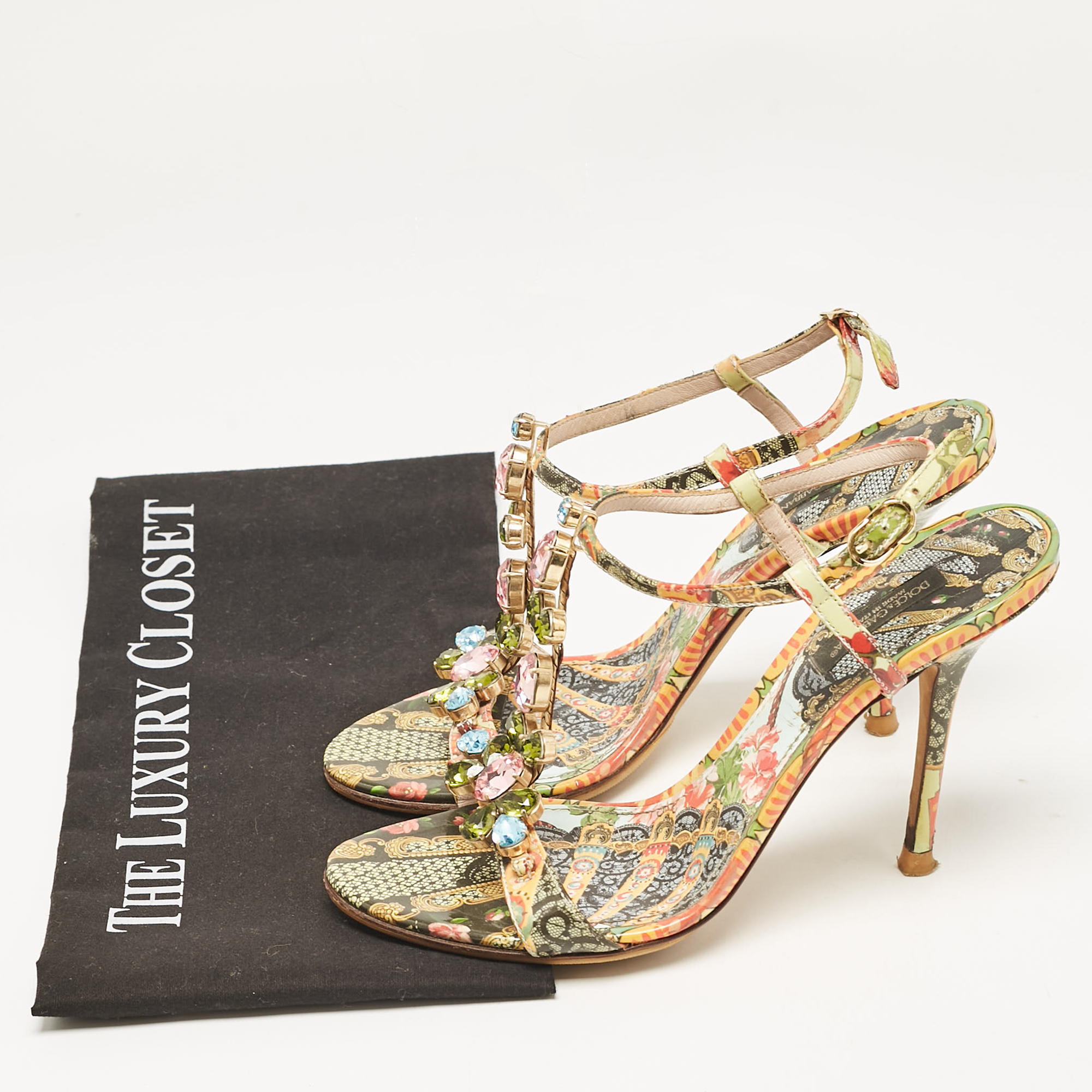 Dolce & Gabbana Multicolor Patent Leather Crystal Embellished Ankle Strap Sandals Size 37.5