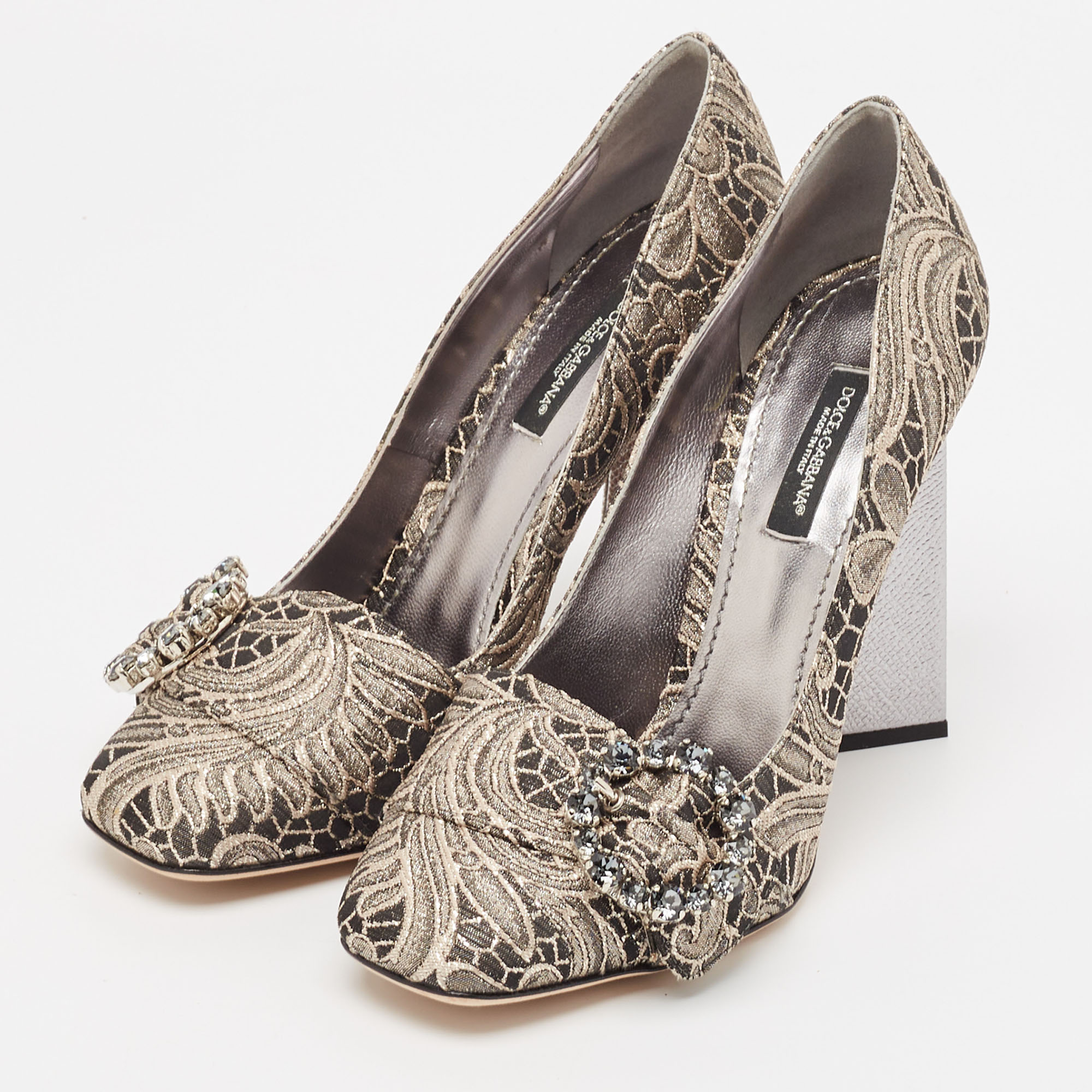 Dolce & Gabbana Silver/Beige Floral Jacquard Bellucci Pumps Size 37.5