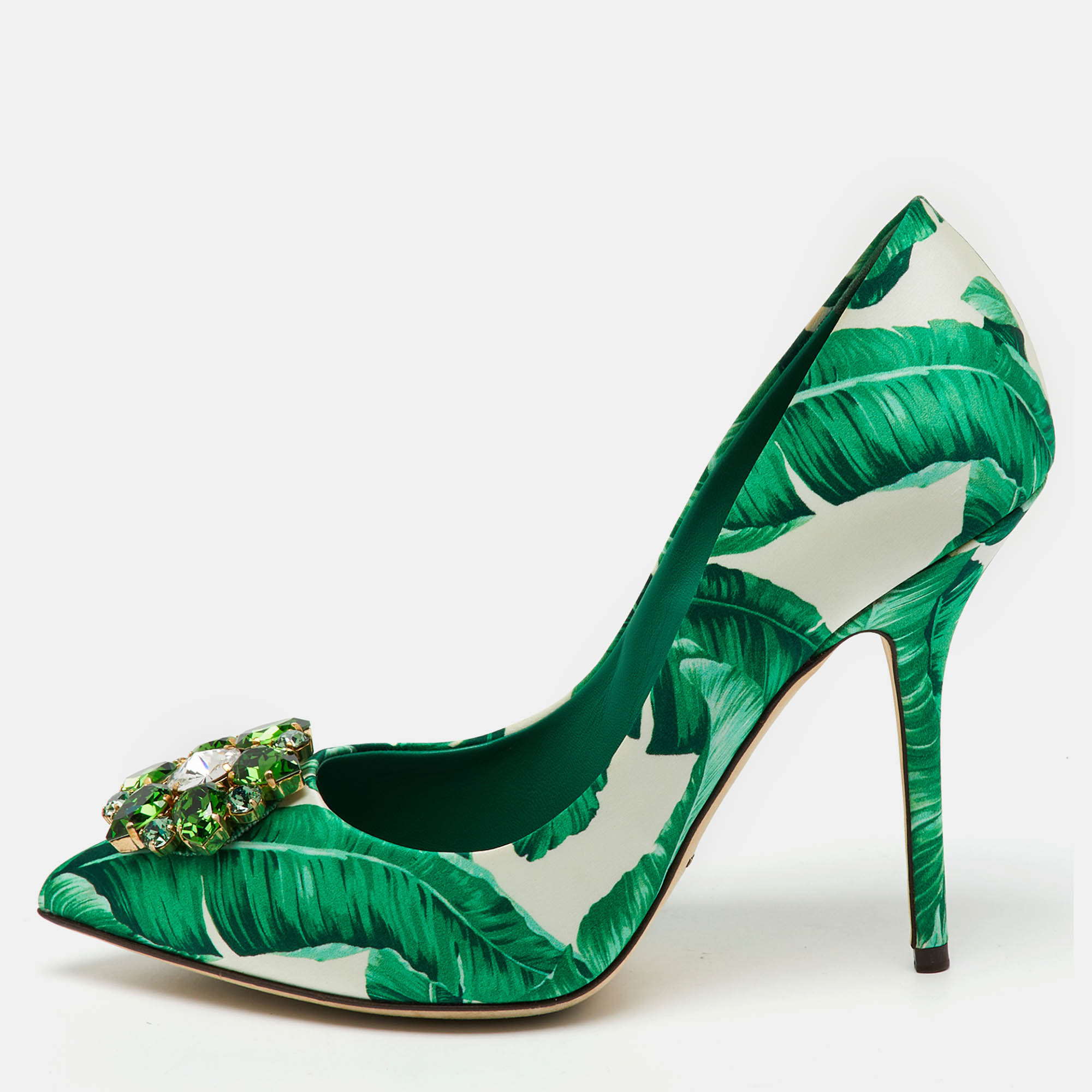 Dolce & Gabbana Multicolor Banana Leaf Print Satin Crystal Embellished Pumps Size, Green
Dolce & Gabbana Multicolor Banana Leaf Print Satin Crystal Embellished Pumps Size, Green