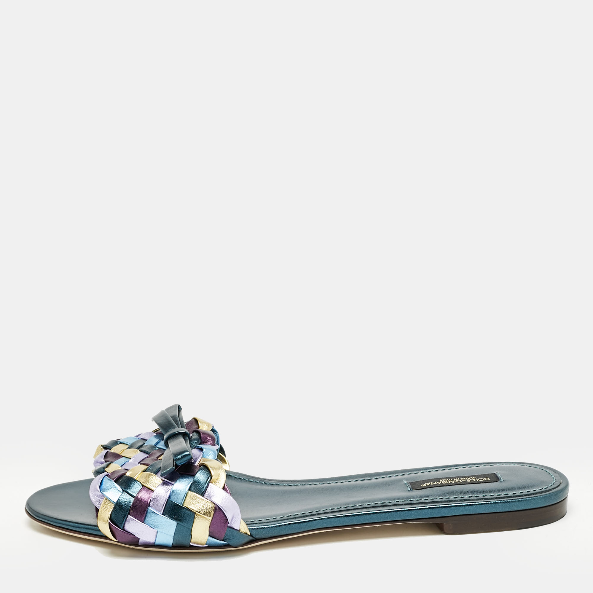 Dolce & Gabbana Multicolor Metallic Leather Woven Bow Flat Slide Sandals Size
Dolce & Gabbana Multicolor Metallic Leather Woven Bow Flat Slide Sandals Size
