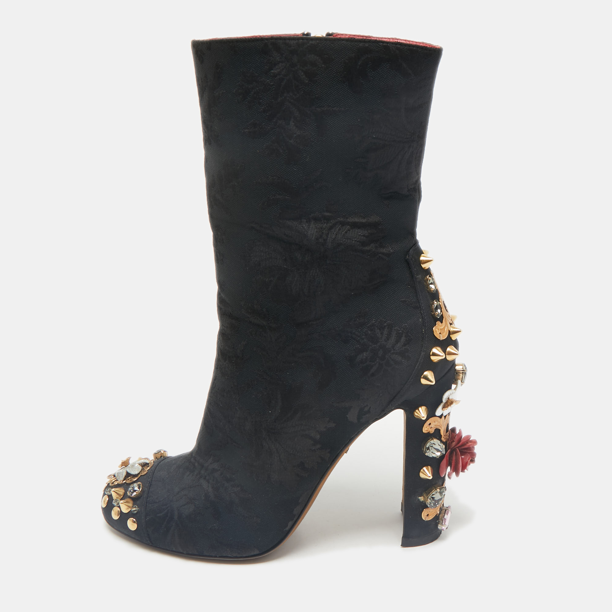 Dolce & Gabbana Black Brocade Fabric Crystal Embellished Ankle Length Boots Size
Dolce & Gabbana Black Brocade Fabric Crystal Embellished Ankle Length Boots Size
