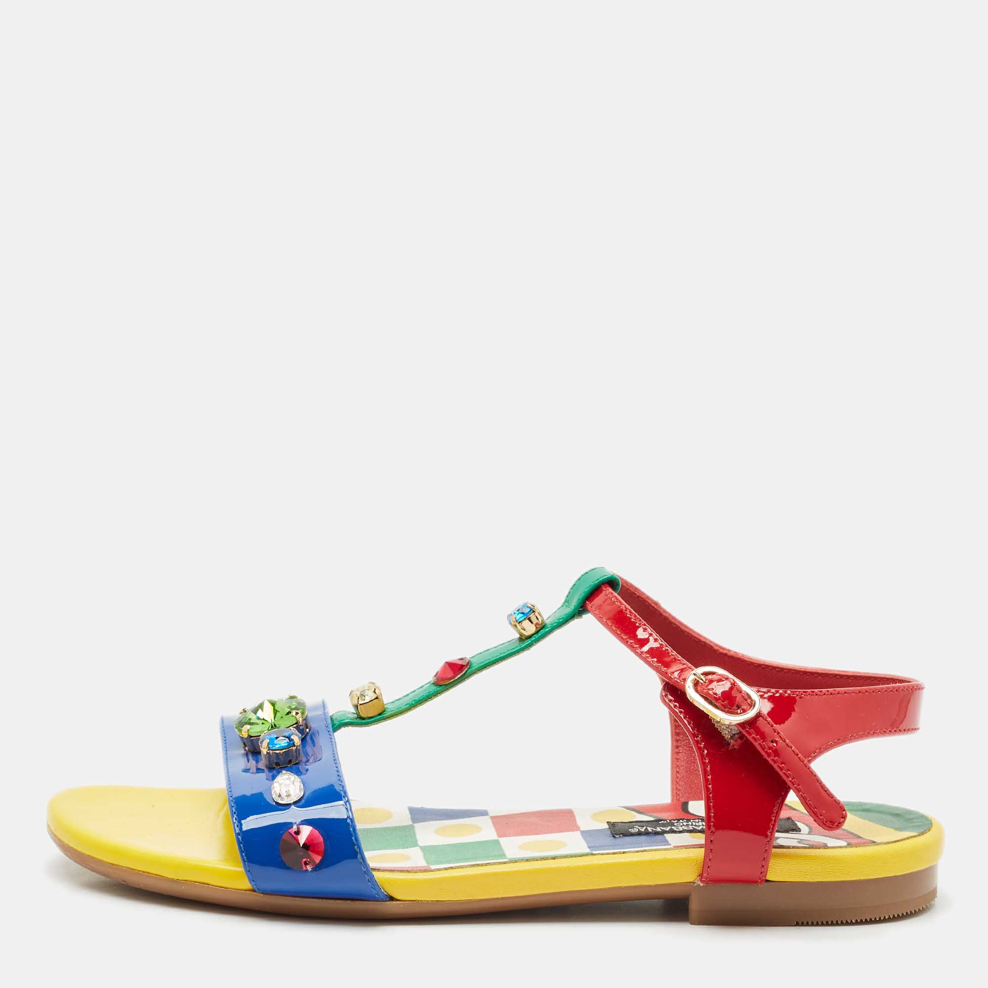 Dolce & Gabbana Multicolor Patent Leather Crystals Embellished T-Strap Sandals Size
Dolce & Gabbana Multicolor Patent Leather Crystals Embellished T-Strap Sandals Size