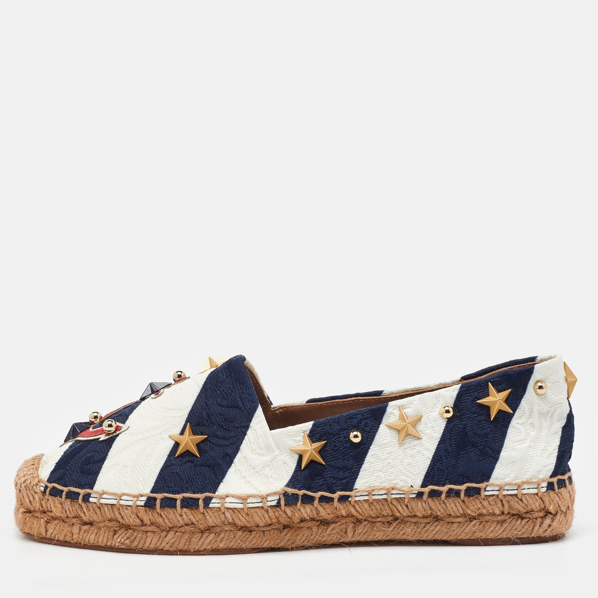 Dolce & Gabbana Navy Blue/White Striped Brocade Fabric Star Studded Espadrille Flats Size
Dolce & Gabbana Navy Blue/White Striped Brocade Fabric Star Studded Espadrille Flats Size