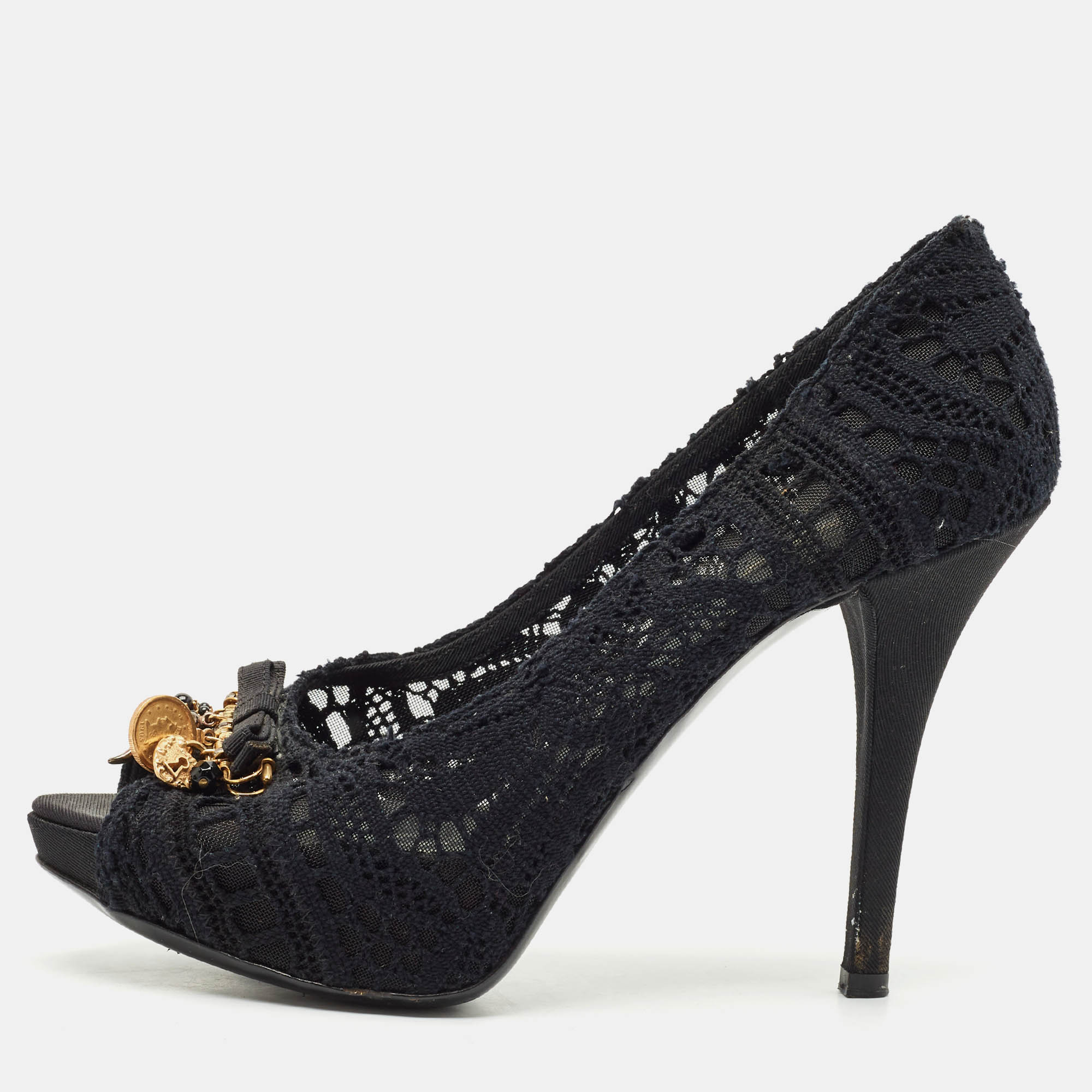Dolce & Gabbana Black Lace and Mesh Embellished Peep Toe Pumps Size
Dolce & Gabbana Black Lace and Mesh Embellished Peep Toe Pumps Size