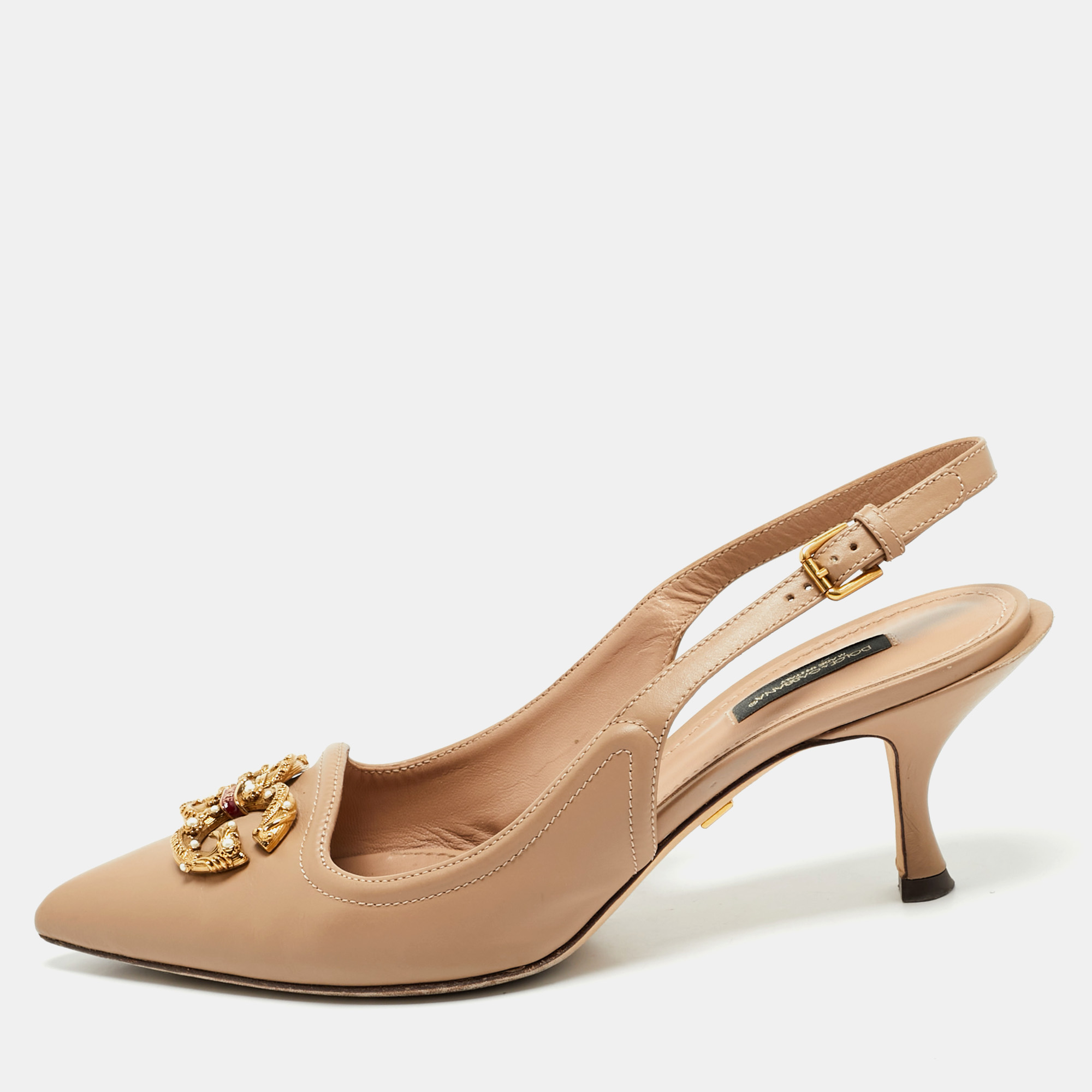 Dolce & Gabbana Beige Leather DG Amore Logo Embellished Slingback Sandals Size
Dolce & Gabbana Beige Leather DG Amore Logo Embellished Slingback Sandals Size