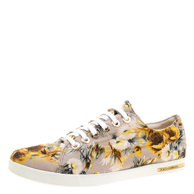 Image of Dolce & Gabbana Beige Floral Printed Canvas Low Top Sneakers Size .