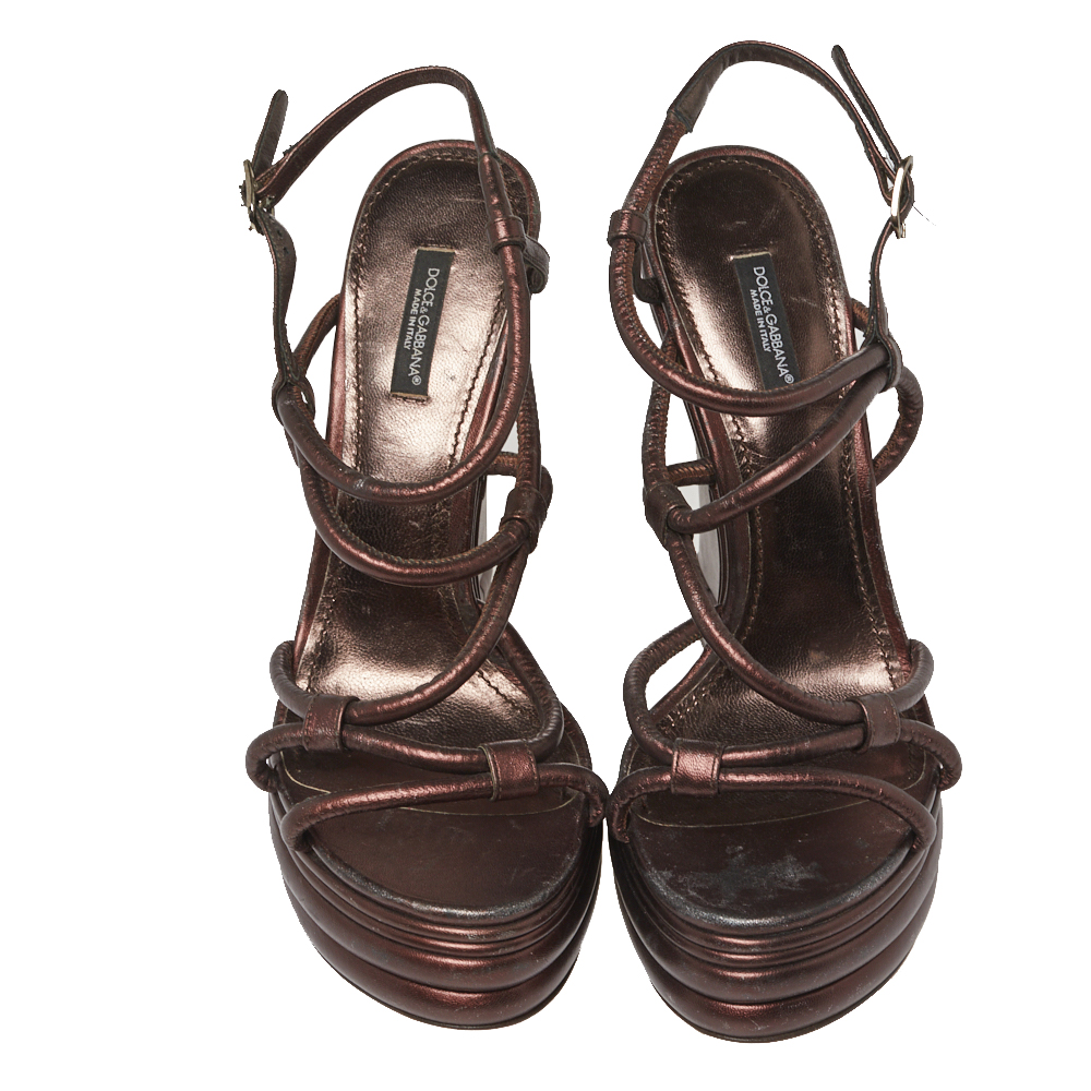 Dolce & Gabbana Metallic Brown Leather Strappy Wedge Sandals Size 40