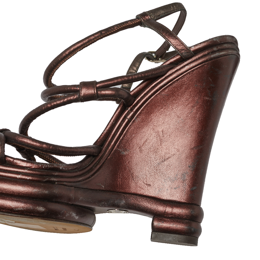 Dolce & Gabbana Metallic Brown Leather Strappy Wedge Sandals Size 40