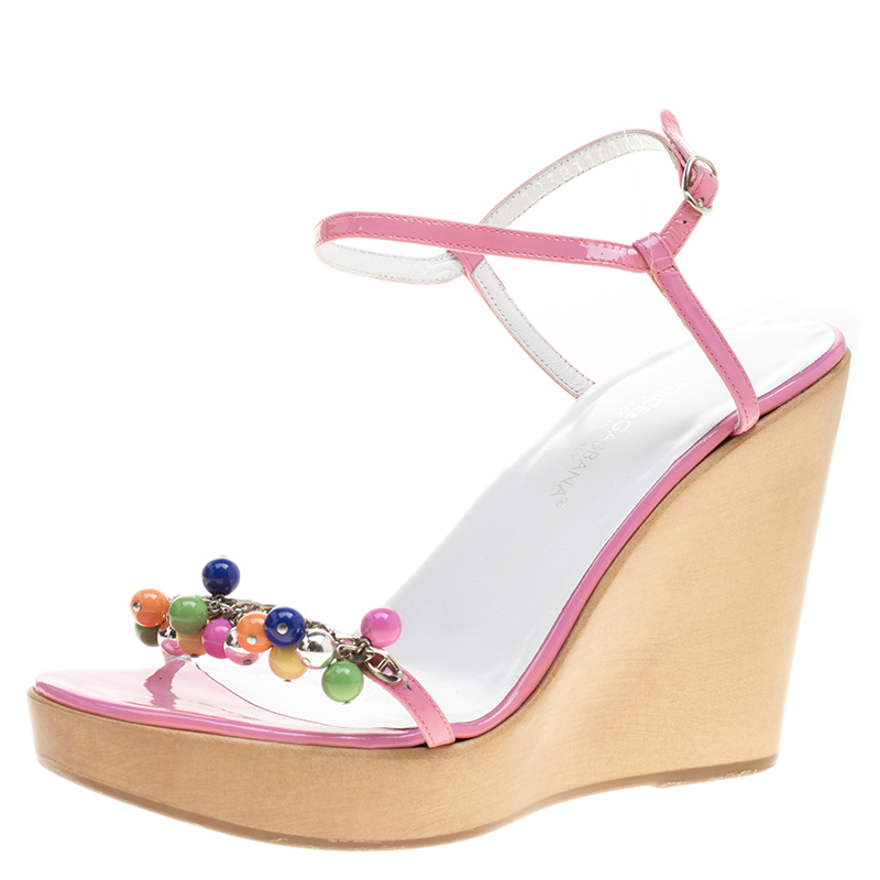 Image of Dolce & Gabbana Pink Patent Leather Beads Embellished Ankle Strap Open Toe Wedge Sandals Size .