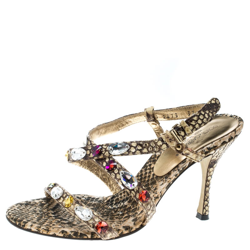 Dolce & gabbana beige python crystal embellished slingback sandals size 37