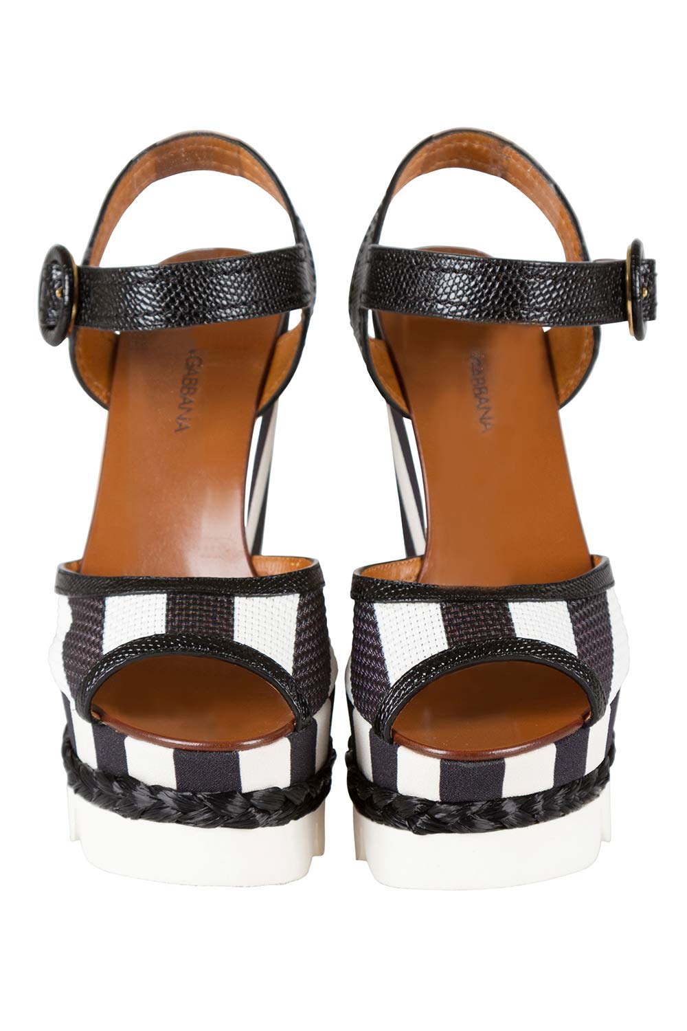 

Dolce And Gabbana Monochrome Leather And Lizard Embossed Leather Ankle Strap Platform Wedge Sandals Size, Black