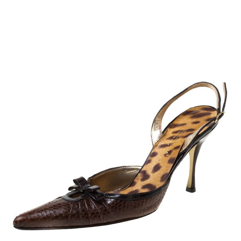 Dolce & Gabbana Brown Python Leather And Eel Skin Slingback Pointed Toe Pumps Size 38.5