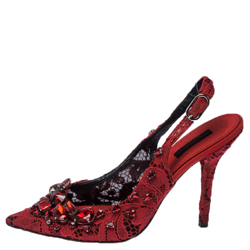 Dolce & Gabbana Red Crystal Embellished Lace Pointed Toe Slingback Sandals Size
Dolce & Gabbana Red Crystal Embellished Lace Pointed Toe Slingback Sandals Size