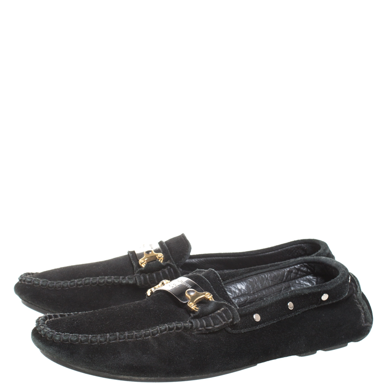 Dolce & Gabbana Black Suede Metal Logo Slip On Loafers Size 41