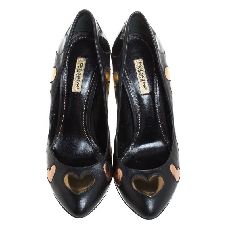 Dolce & Gabbanna Black Leather Heart Applique Pointed Toe Pumps Size 36.5