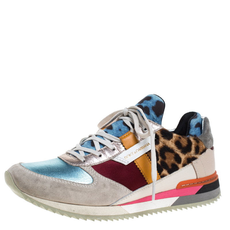 Image of Dolce and Gabbana Multicolor Leather, Suede And Pony Hair Celeste Sabbia Low Top Sneakers Size