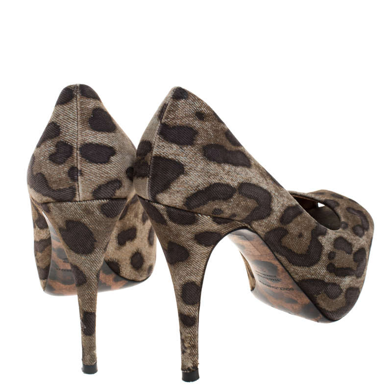 Dolce & Gabbana Brown Leopard Print Canvas Peep Toe Platform Pumps Size 37