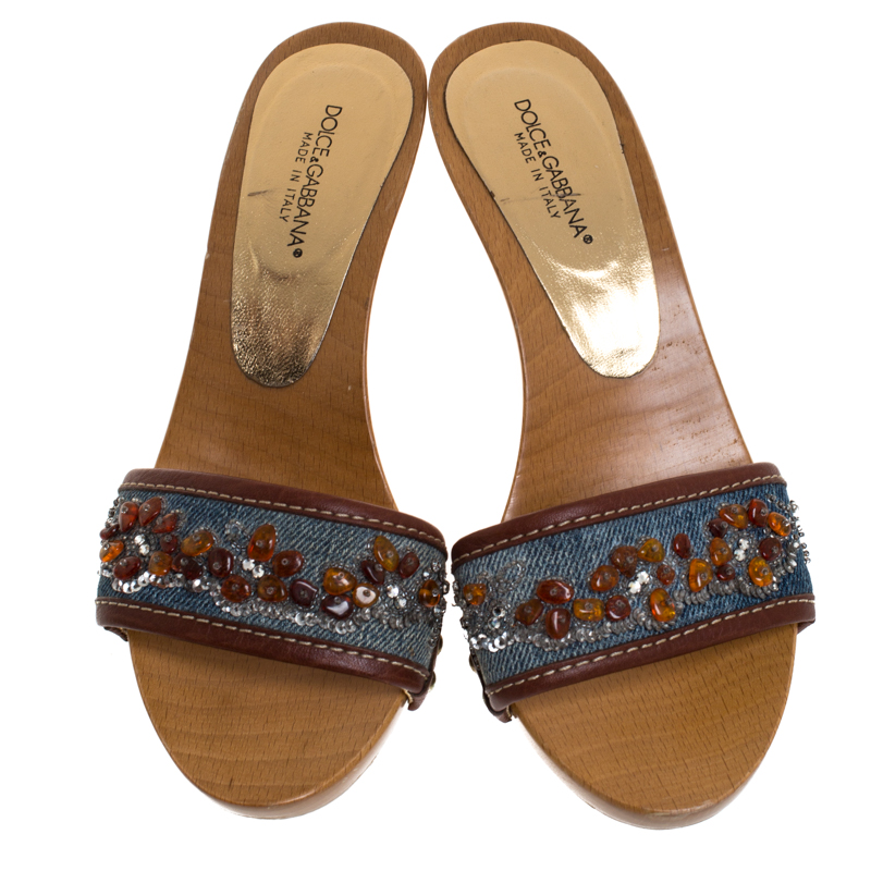 Dolce & Gabbana Blue/Brown Denim And Leather Trim Embellished Slide Sandals Size 36