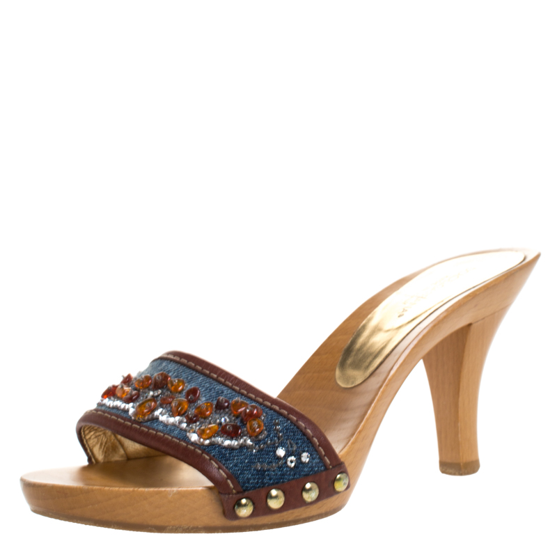 Dolce & gabbana blue/brown denim and leather trim embellished slide sandals size 36