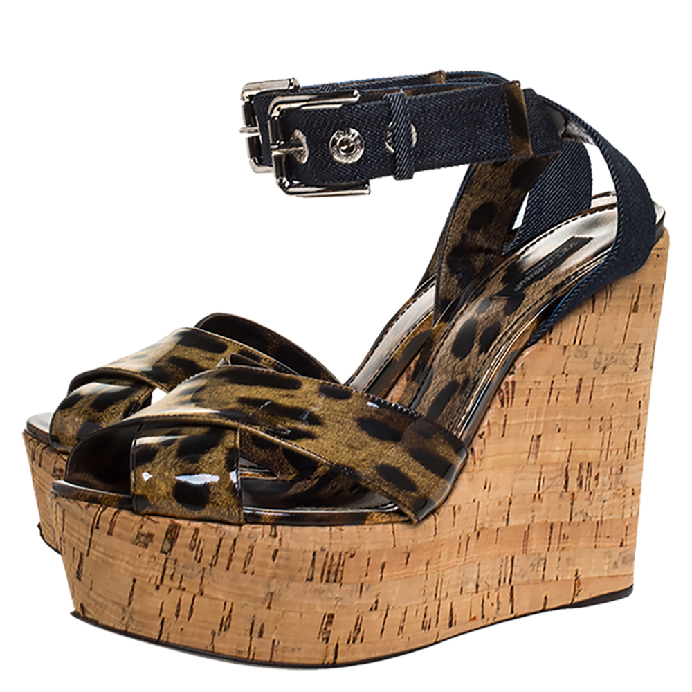 Dolce & Gabbana Leopard Print Patent Leather And Blue Denim Cork Wedge Platform Sandals Size 41