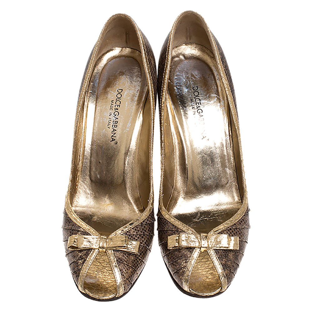 Dolce & Gabbana Gold Python And Brown Lizard Bow Peep Toe Pumps Size 39