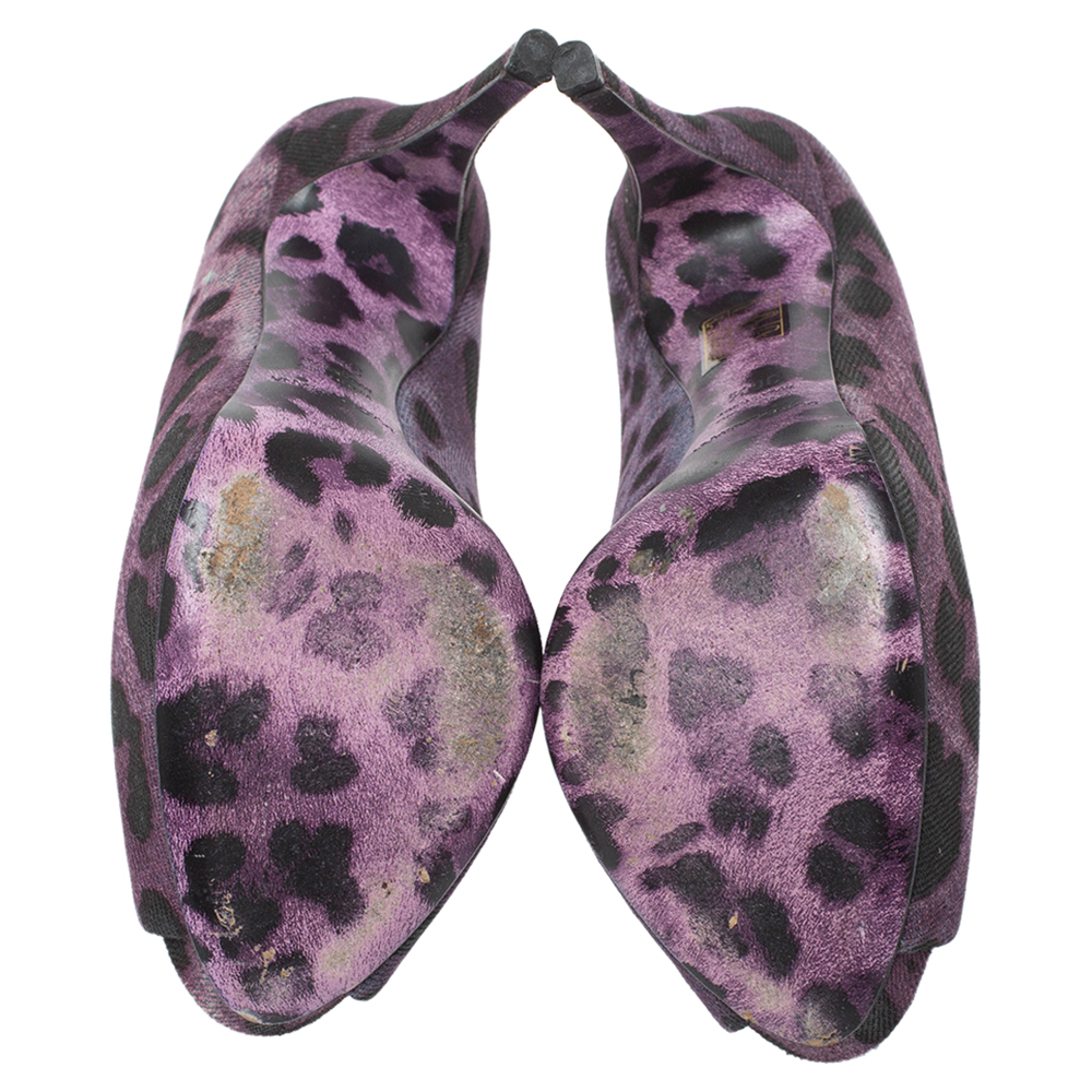 Dolce & Gabbana Purple/Black Leopard Print Denim Peep Toe Platform Pumps Size 36.5