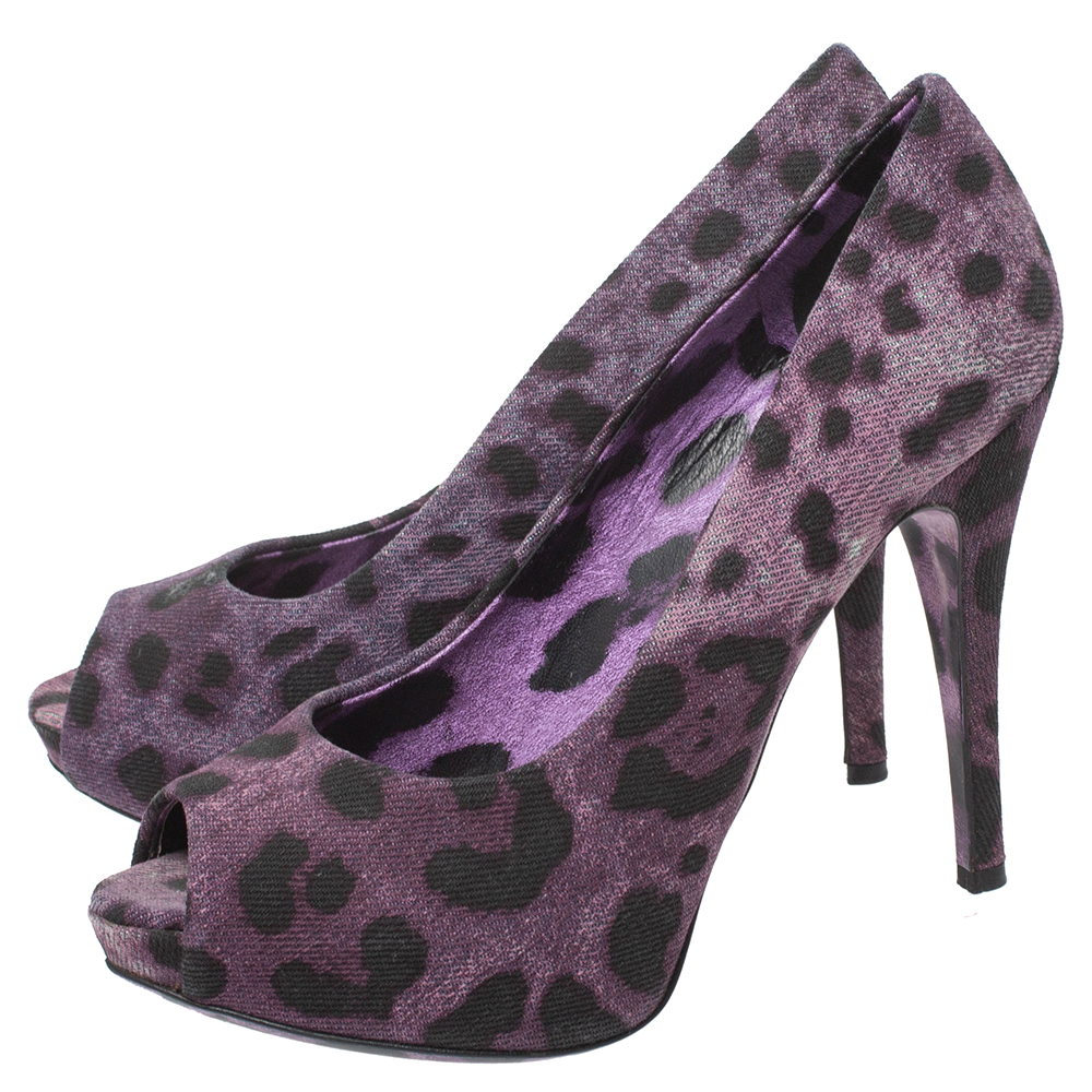Dolce & Gabbana Purple/Black Leopard Print Denim Peep Toe Platform Pumps Size 36.5