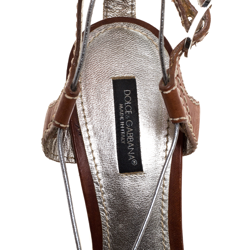 Dolce & Gabbana Silver/Brown Leather Platform Ankle Strap Sandals Size 38