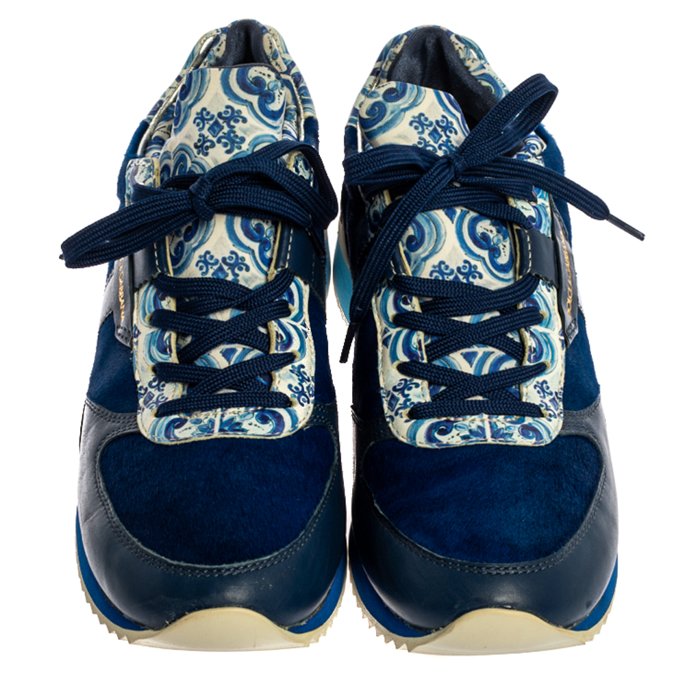 Dolce & Gabbana Blue/White Majolica Print Leather And Pony Hair Platform Sneakers Size 38.5
