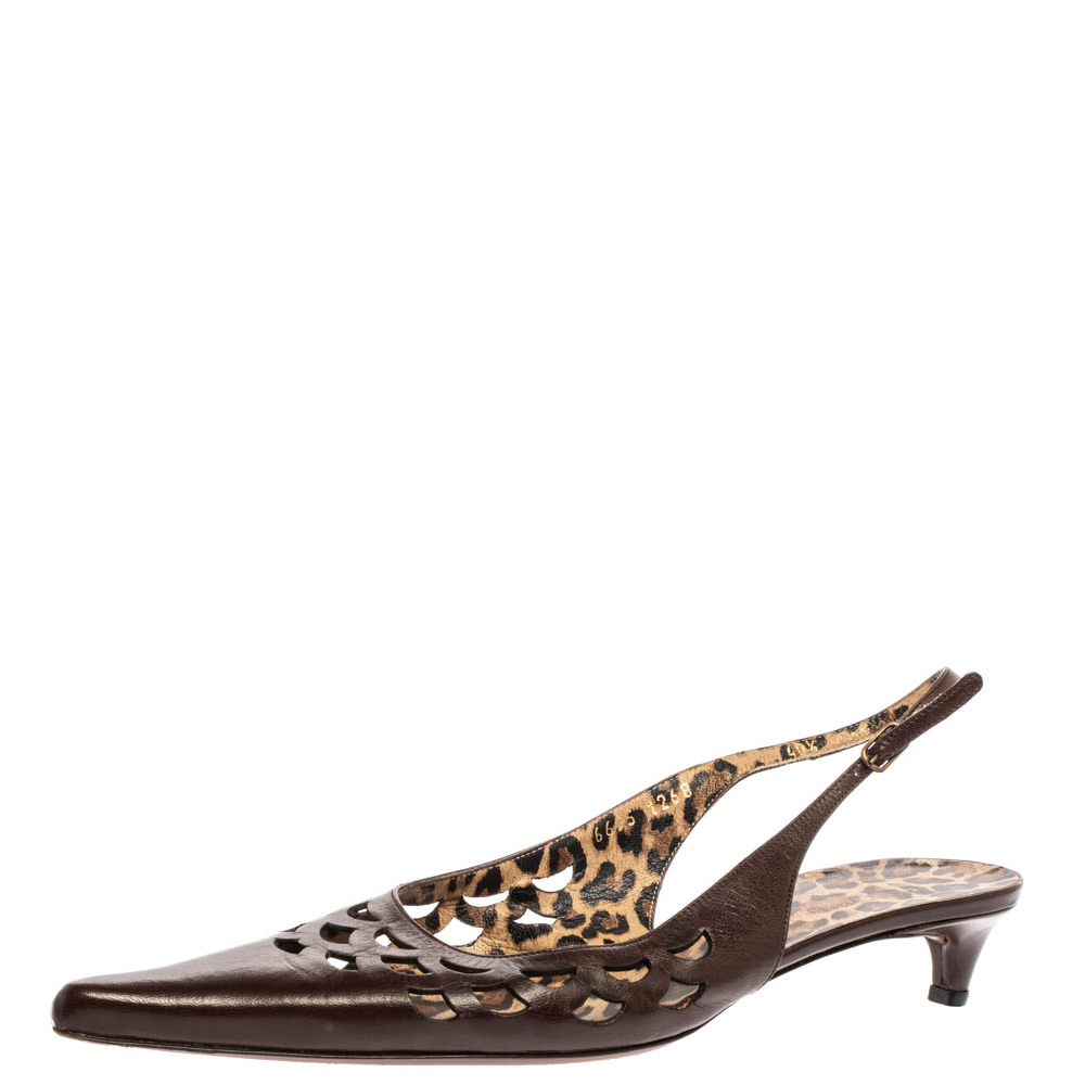 Image of Dolce and Gabbana Dark Brown Leather Cut Out Pointed Toe Slingback Sandals Size .