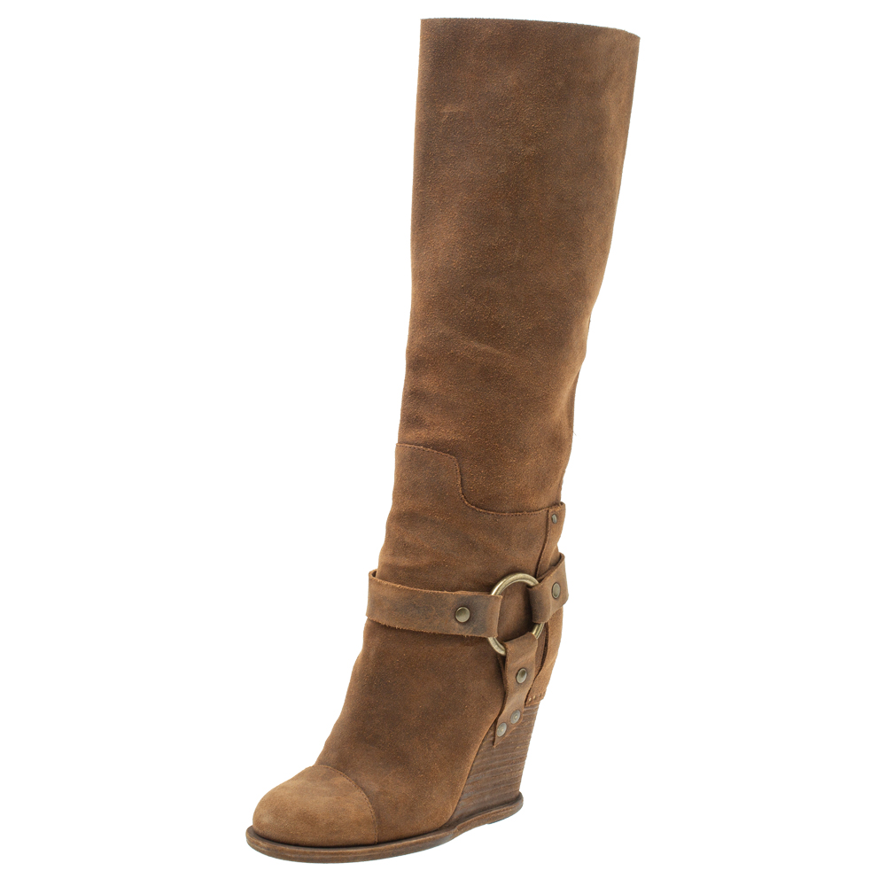 Image of Dolce & Gabbana Brown Suede Wedge Knee High Boots Size