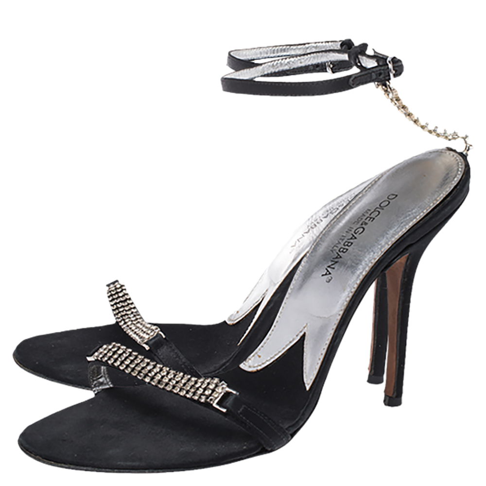 Dolce & Gabbana Black Satin Embellished Ankle Strap Sandals Size 36.5