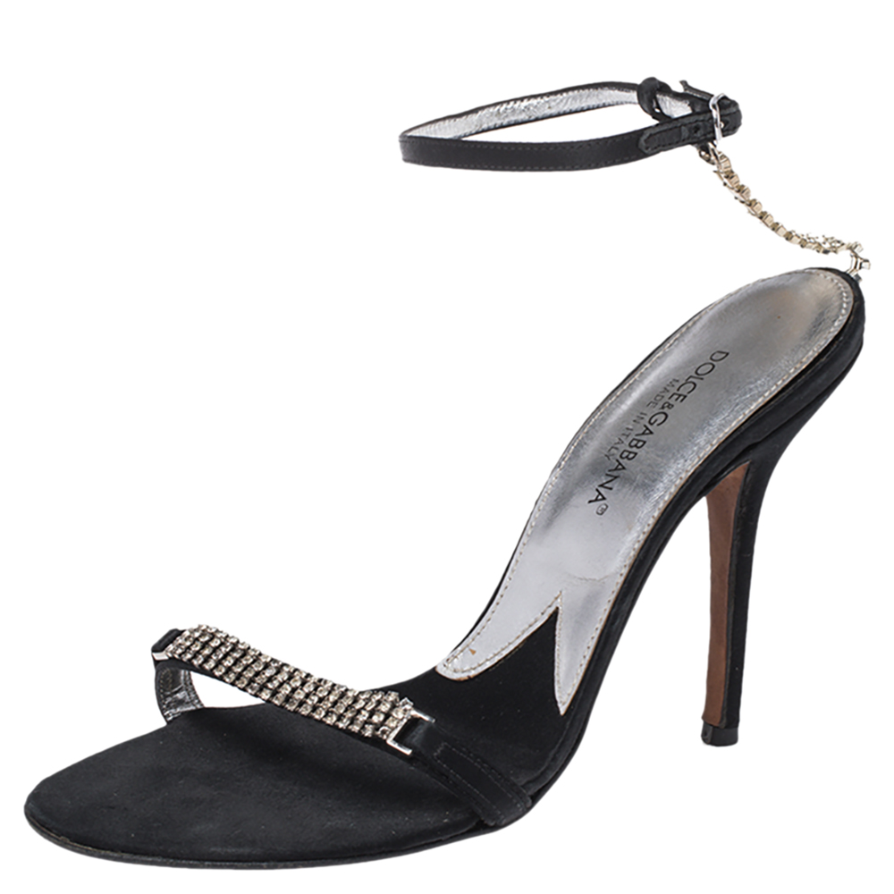 Dolce & gabbana black satin embellished ankle strap sandals size 36.5
