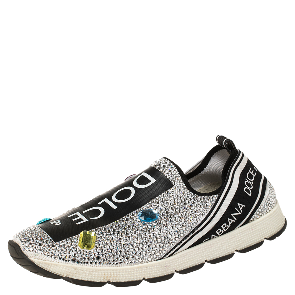 Image of Dolce and Gabbana White/Black Fabric and Embellishment Sorrento Sneakers Size