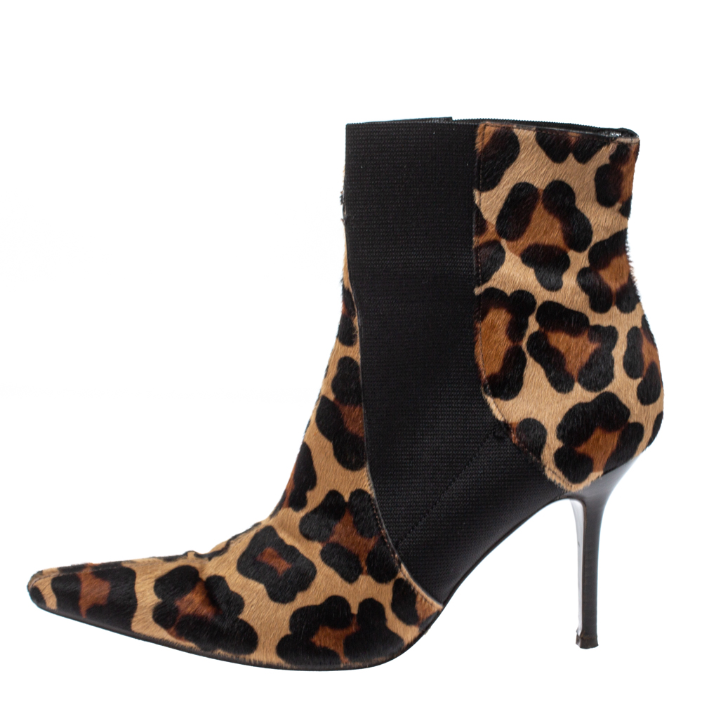 Dolce & Gabbana Animal Print Calf Hair And Elastic Fabric Knife Ankle Boots Size 38