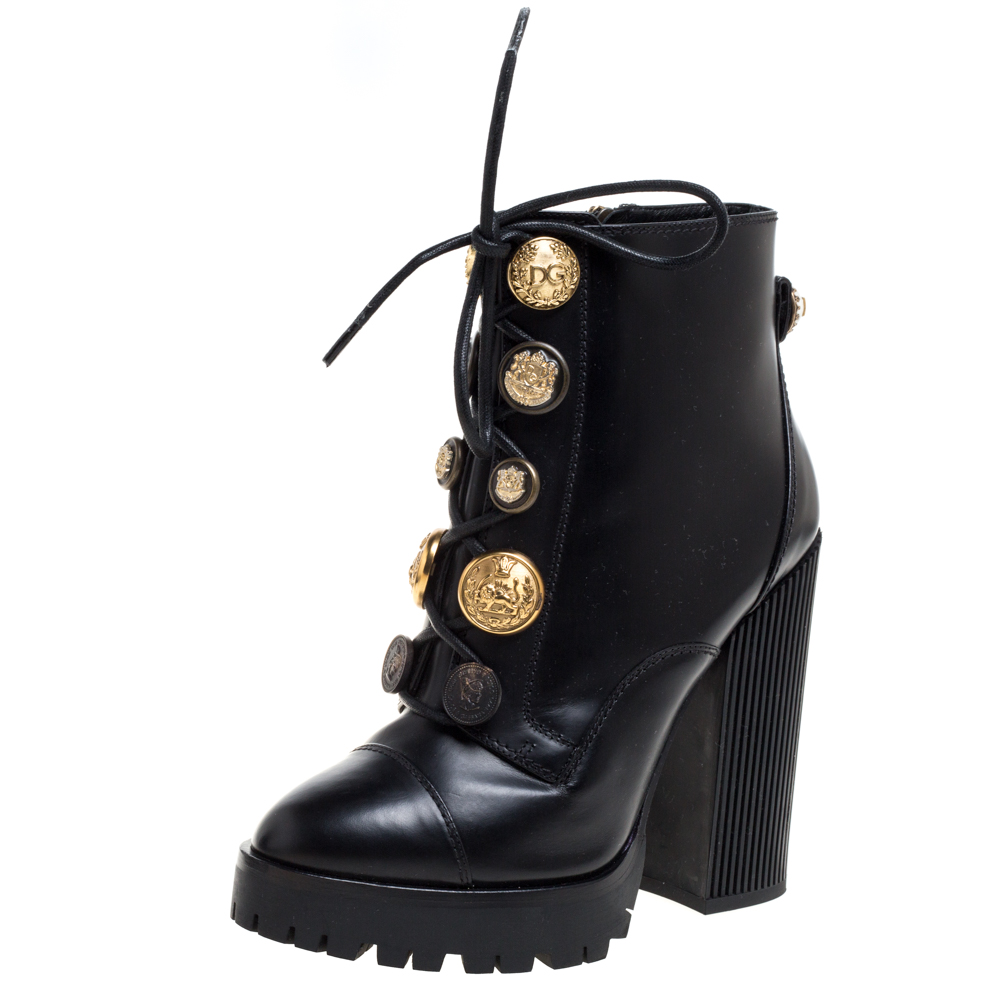 Image of Dolce and Gabbana Black Leather Pearl/Button Embellished Platform Combat Ankle Boots Size