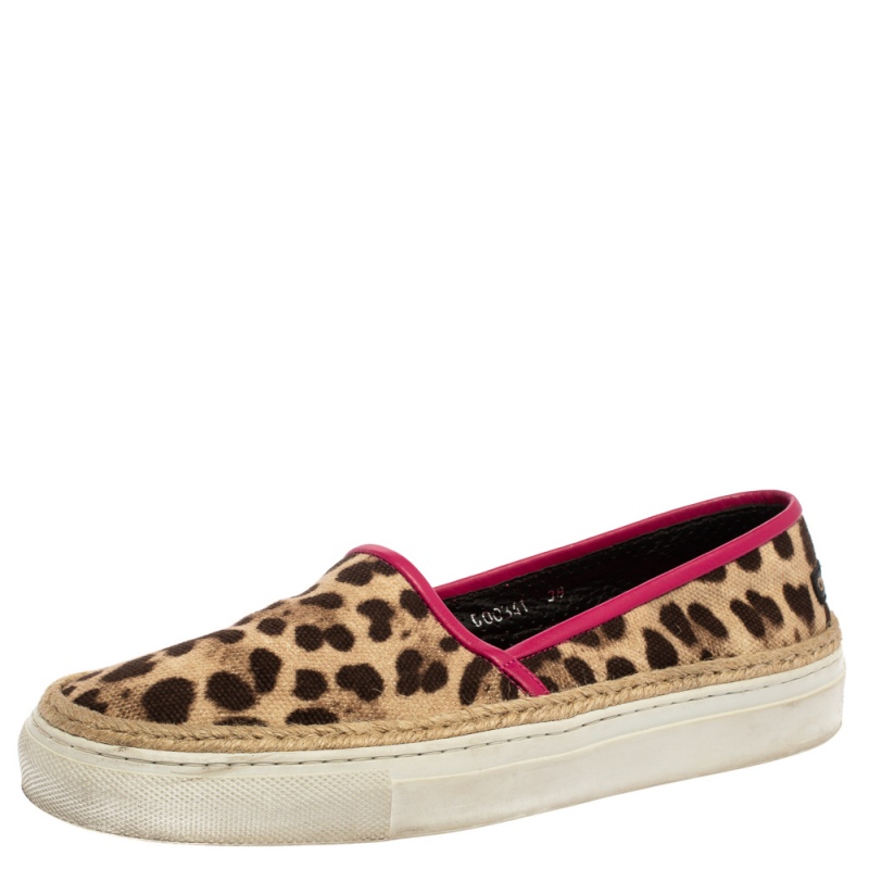 Image of Dolce And Gabbana Brown/Beige Leopard Print Canvas Espadrille Slip On Sneakers Size