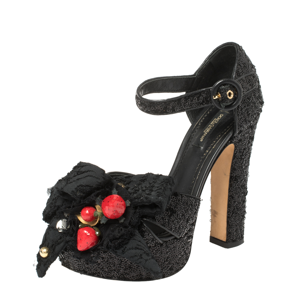 Image of Dolce and Gabbana Black Sequin and Leather Trim Ankle Strap Platform Sandals Size