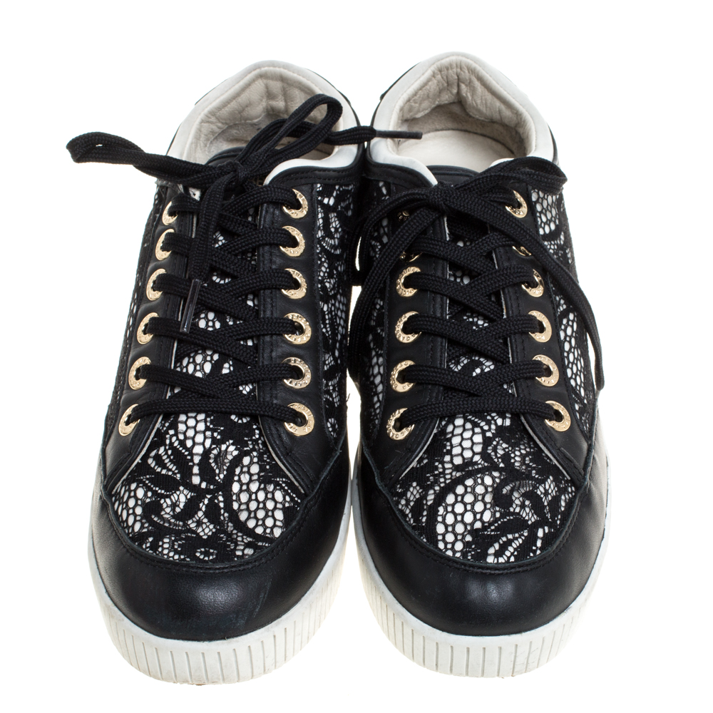 Dolce & Gabbana Black Leather/Lace, And Fabric Wedge Sneakers Size 38.5