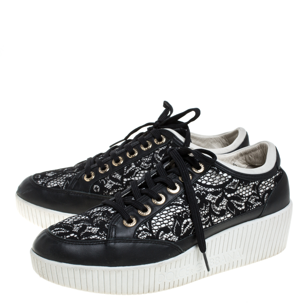 Dolce & Gabbana Black Leather/Lace, And Fabric Wedge Sneakers Size 38.5