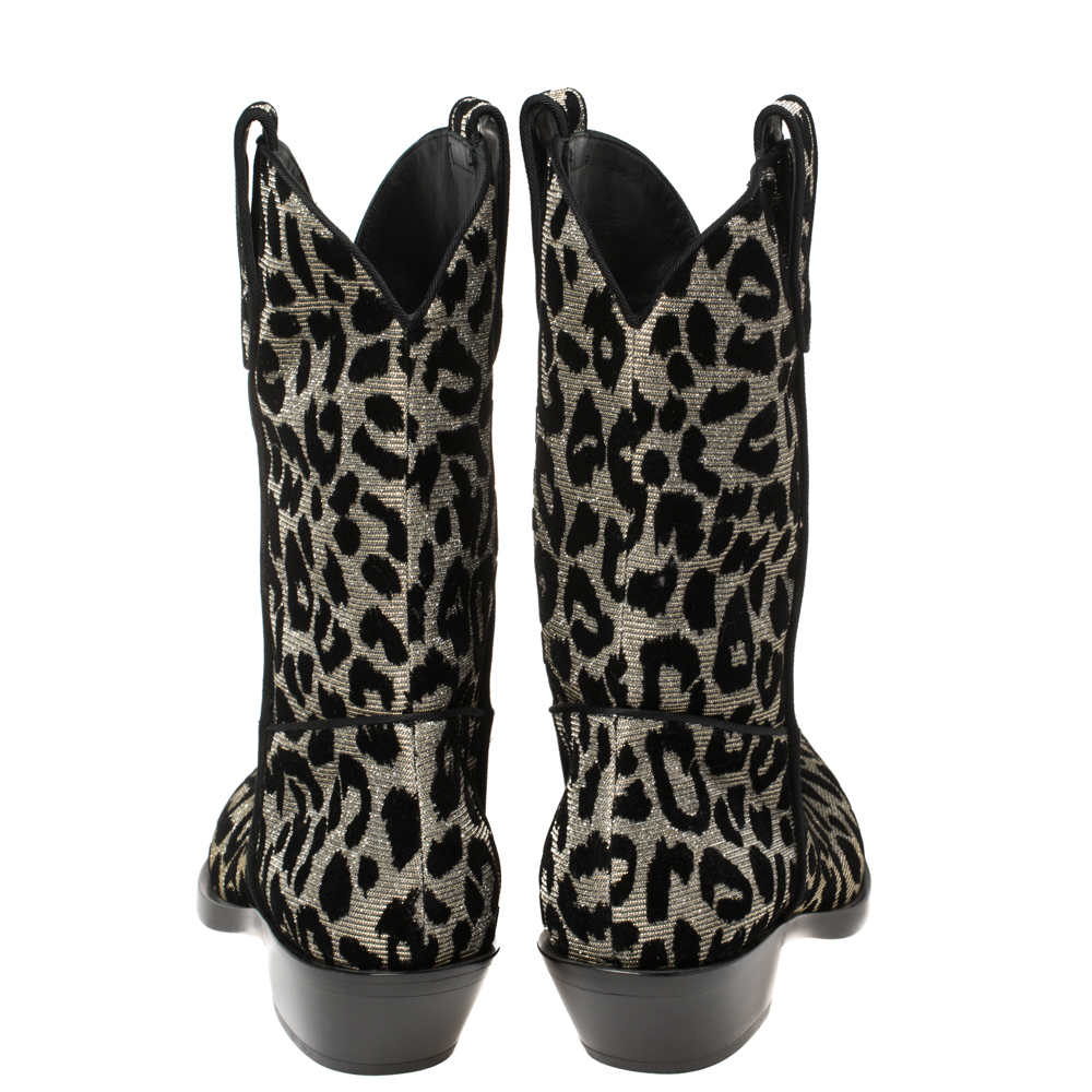 Dolce & Gabbana Black/Grey Shimmering Leopard Laurex Fabric Cowboy Boots Size 38