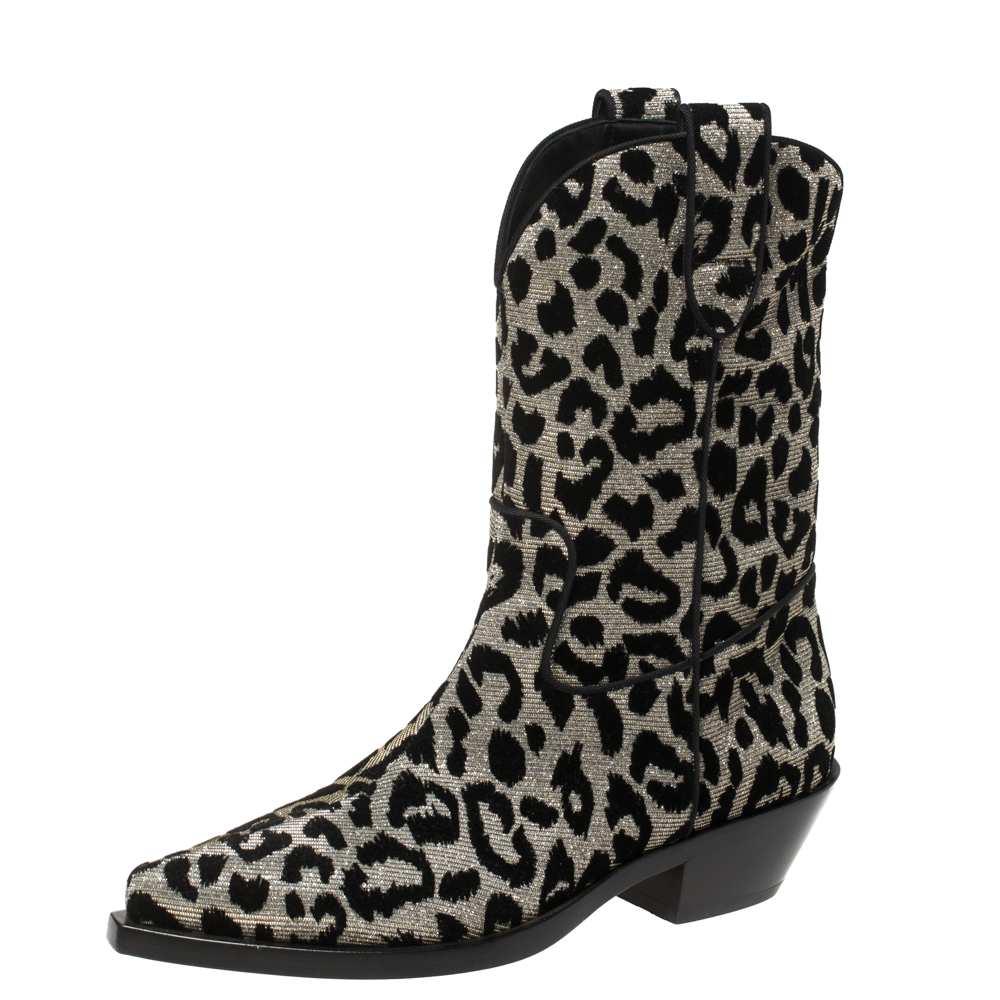 Dolce & Gabbana Black/Grey Shimmering Leopard Laurex Fabric Cowboy Boots Size 38