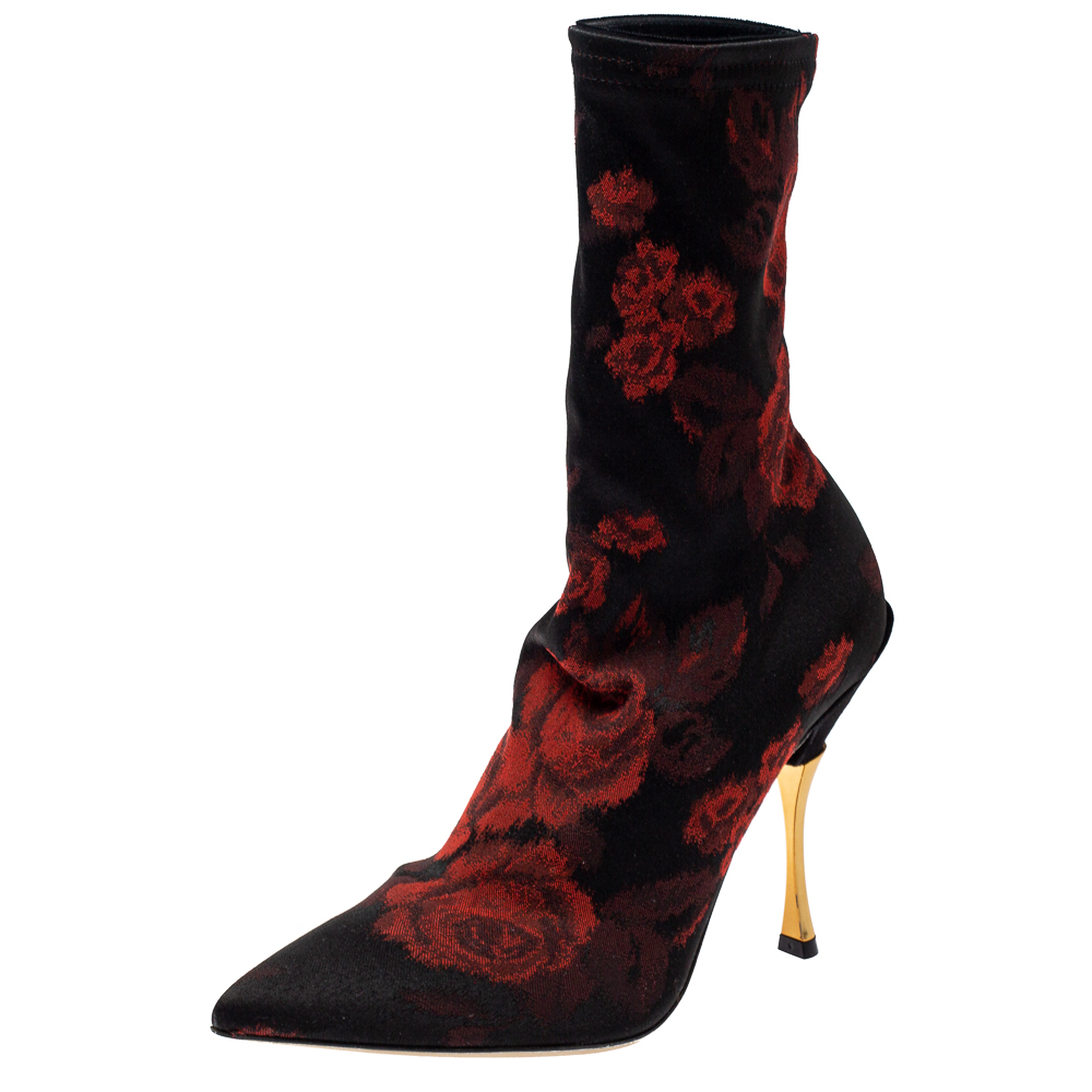Dolce & gabbana docle & gabbana black/red rose jacquard fabric boots size 36