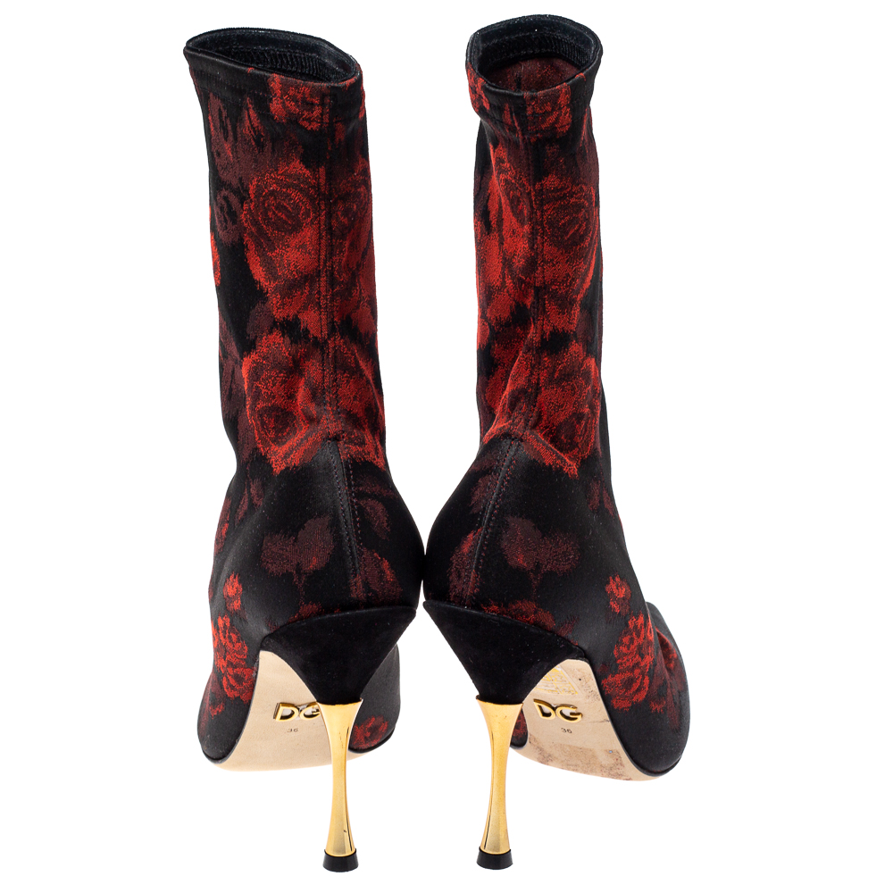 Docle & Gabbana Black/Red Rose Jacquard Fabric Boots Size 36