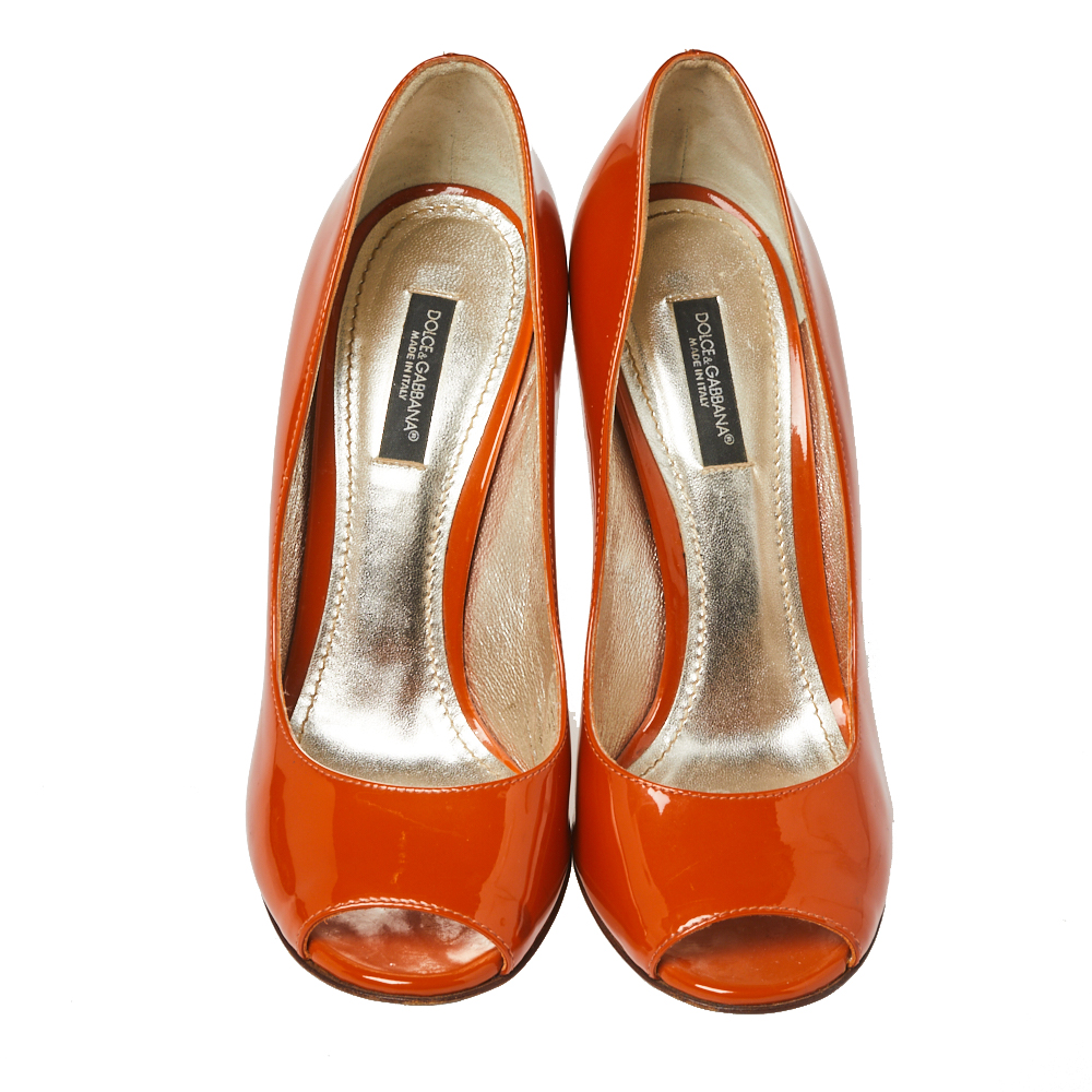 Dolce & Gabbana Burnt Orange Patent Leather Peep Toe Pumps Size 36