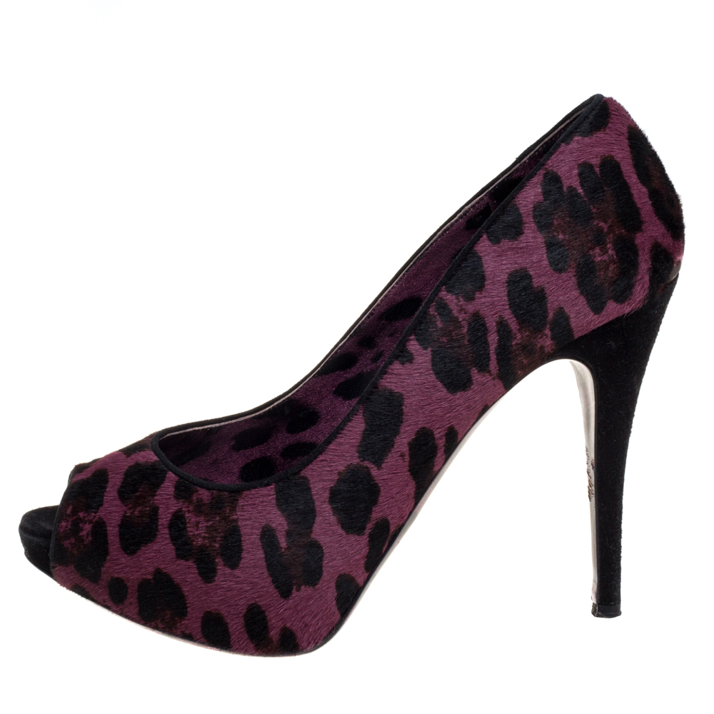 Dolce & Gabbana Purple Calf Hair And Suede Leopard Print Peep Toe Pumps Size 40