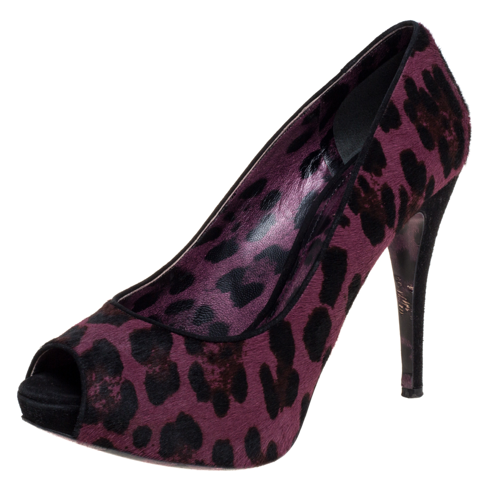 Dolce & gabbana purple calf hair and suede leopard print peep toe pumps size 40